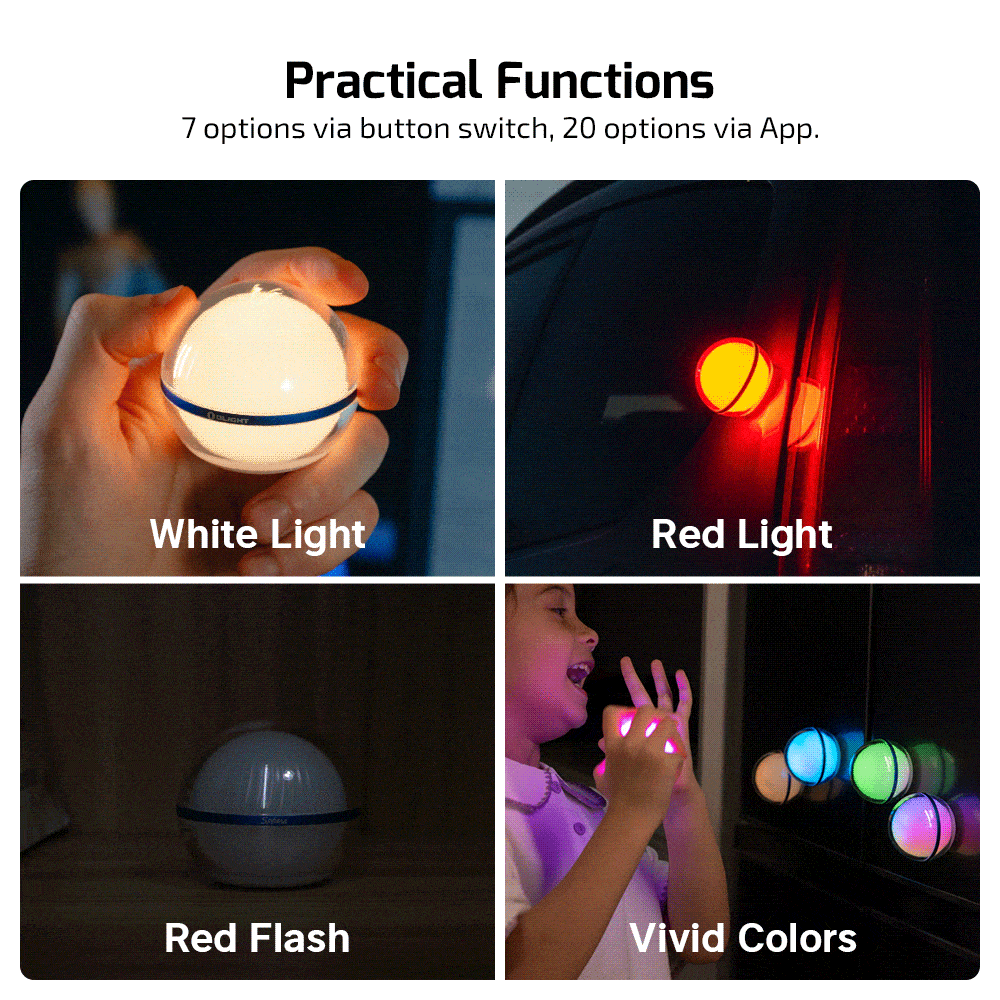 Olight Sphere C multi-functional LED light demonstrating white, red, and colorful light modes for various uses.