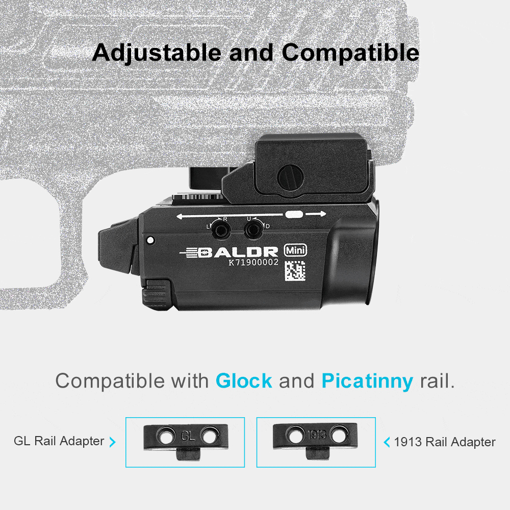 Olight black BALDR Mini weaponlight, side view, adjustable and compatible with Glock and Picatinny rails.