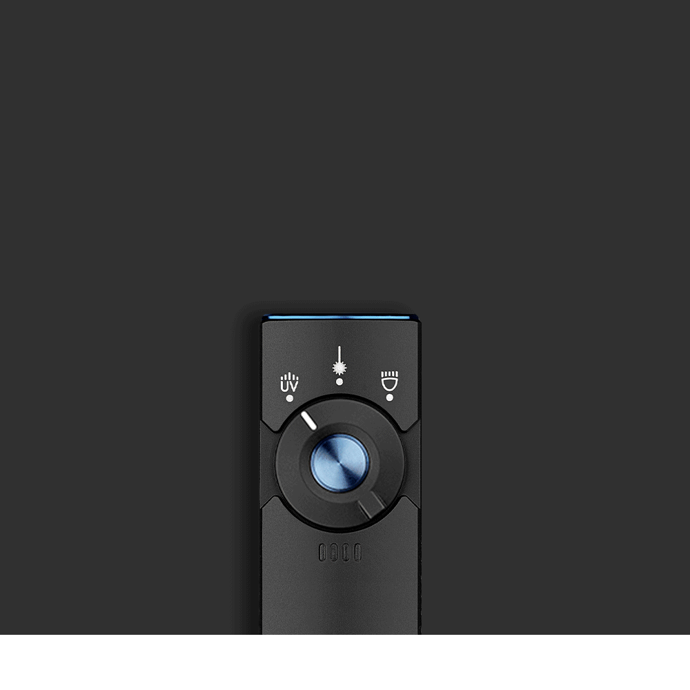 Olight Black Arkfeld Pro EDC Flashlight Top View with Blue Switch, UV, and Laser for Everyday Carry