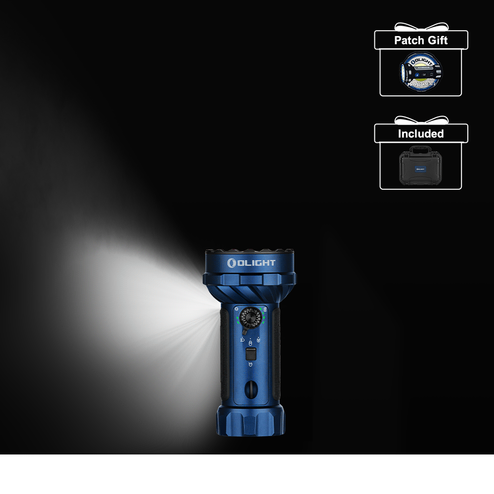 Olight Blue Marauder Mini 2 flashlight with bright beam and included hard case for outdoor search and rescue
