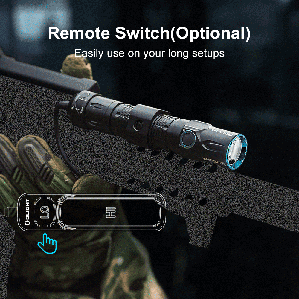 Olight Warrior 3S tactical flashlight with optional remote switch, showing low and high settings for long setups