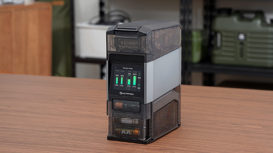 OSTATION smart battery charging station with LCD status display and multi-slot compartments