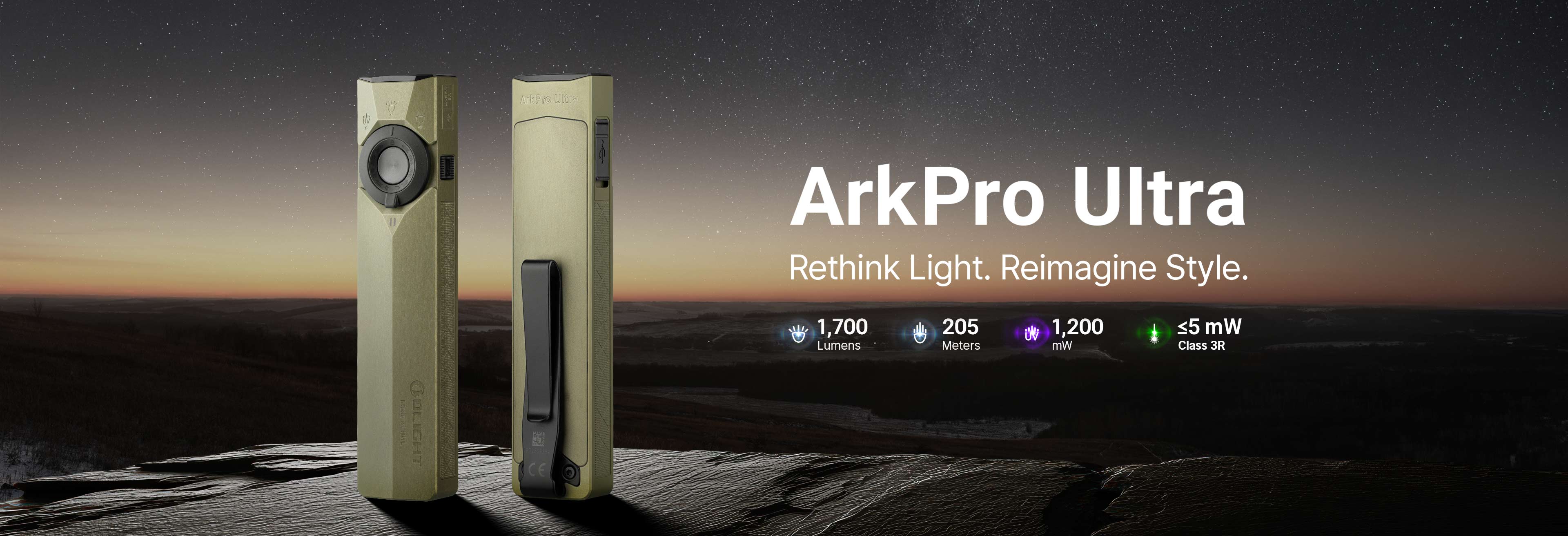 Olight ArkPro Ultra multi-functional EDC flashlight featuring 1,700 lumens, UV light, and a green laser. High-performance portable light with 205m throw shown in a starry night outdoor setting.