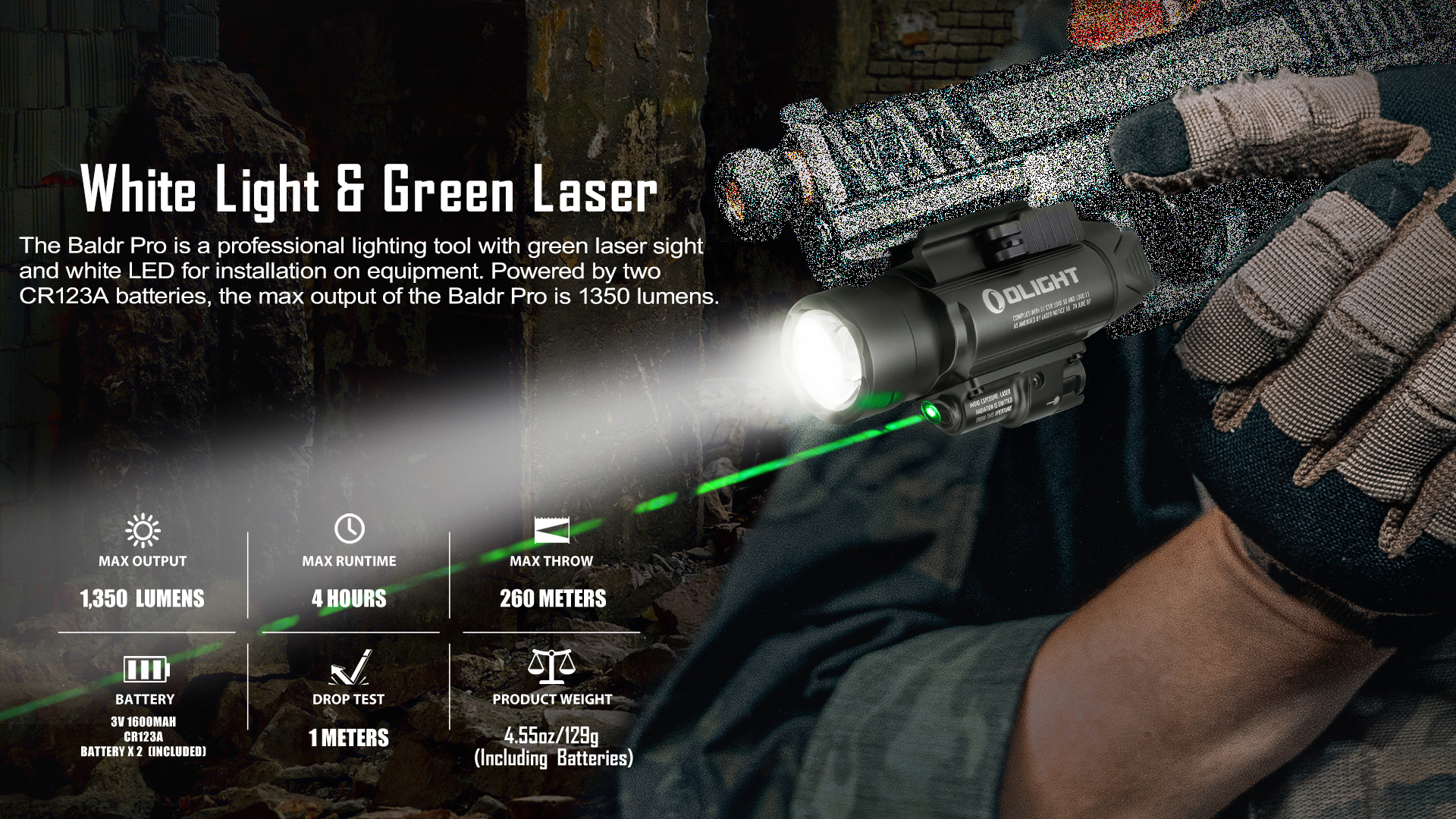 Olight Baldr Pro tactical weapon light with 1350 lumen white LED and green laser, mounted on a firearm. Features 4-hour runtime and 260m throw, essential for professional equipment.