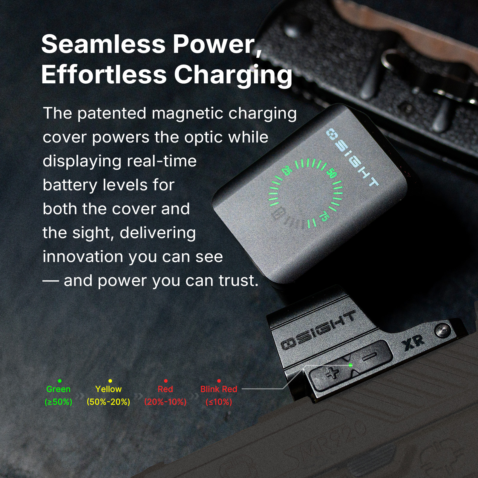 Osight red dot sight with its patented magnetic charging cover and LED battery indicator.