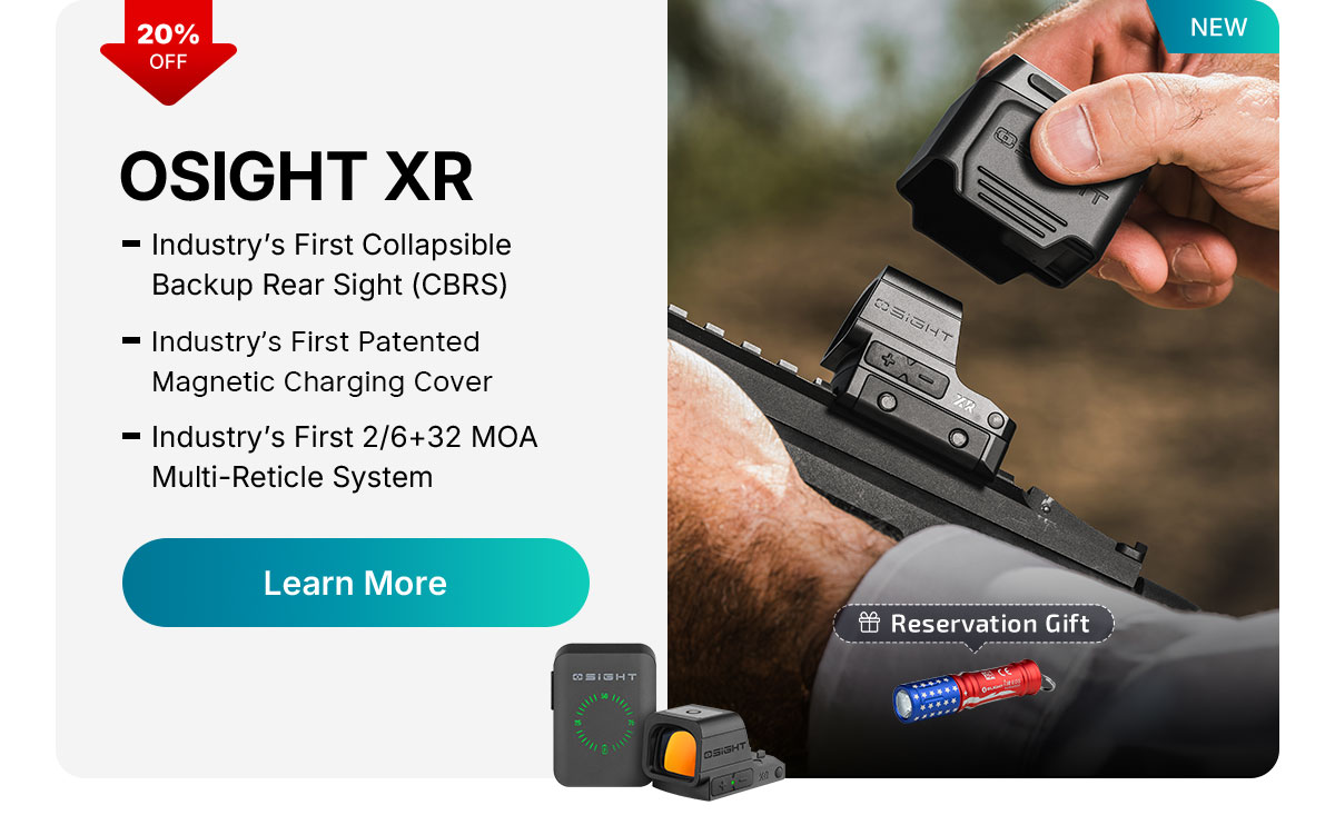 OSIGHT XR Red Dot Sight featuring a Magnetic Charging Cover, Multi-Reticle System, and Collapsible Backup Rear Sight