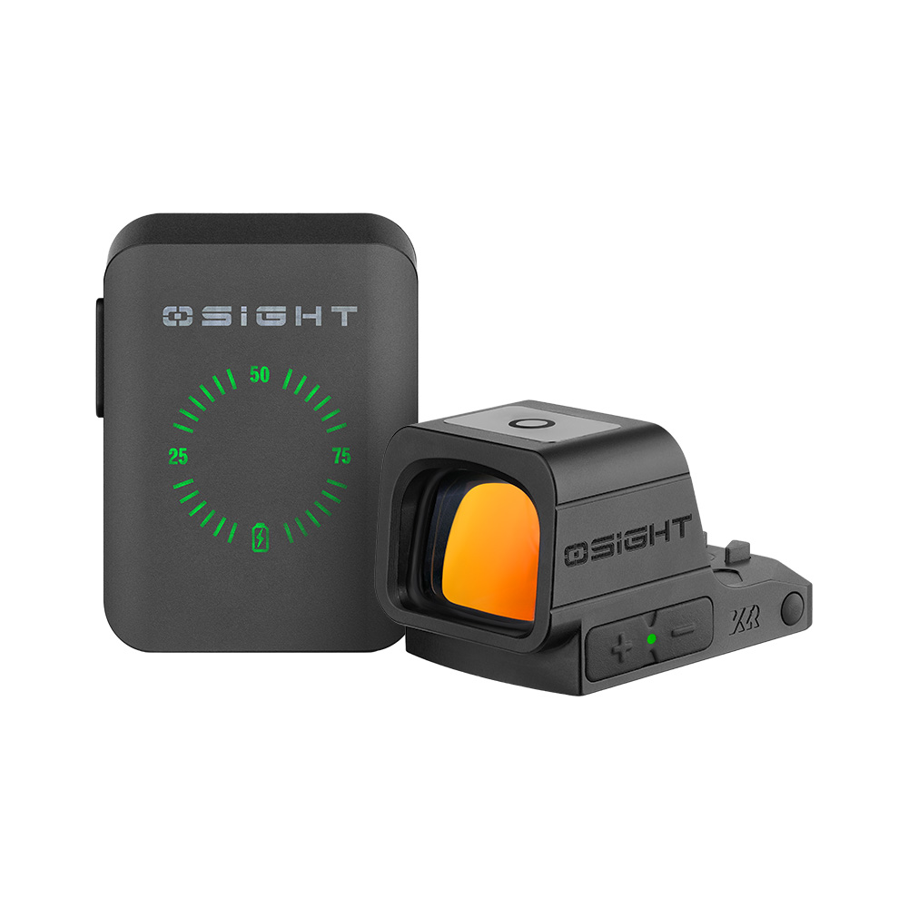 OSIGHT red dot sight for handguns with portable charging case.
