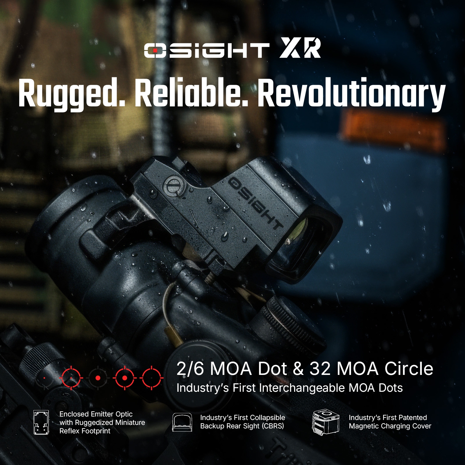 Osight XR enclosed emitter red dot optic with interchangeable reticles.