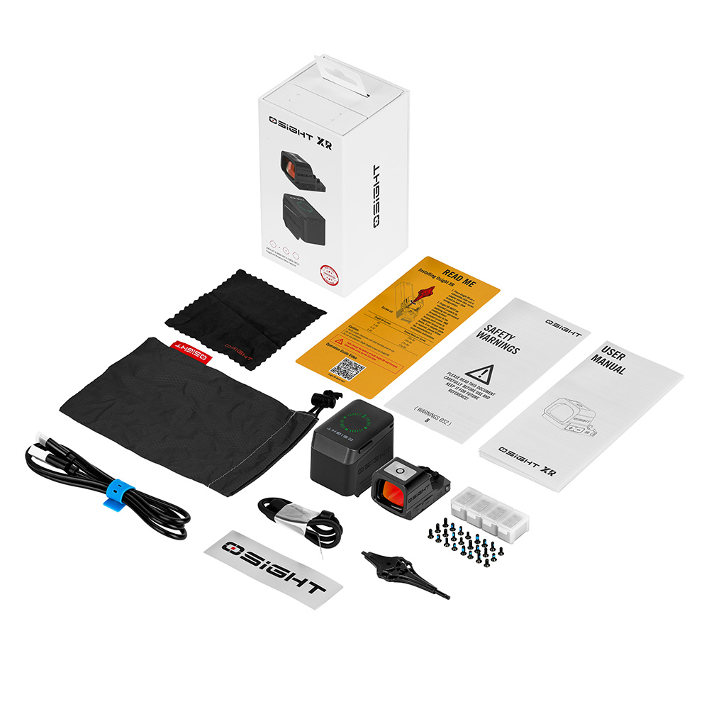 Osight XR red dot sight complete kit unboxing including the optic, magnetic charging cover, and accessories.