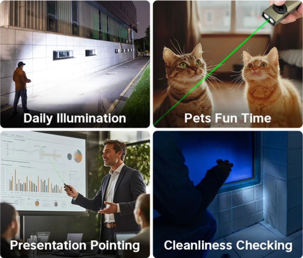 Arkfeld Ultra 3-in-1 flashlight featuring white light, UV light, and green laser