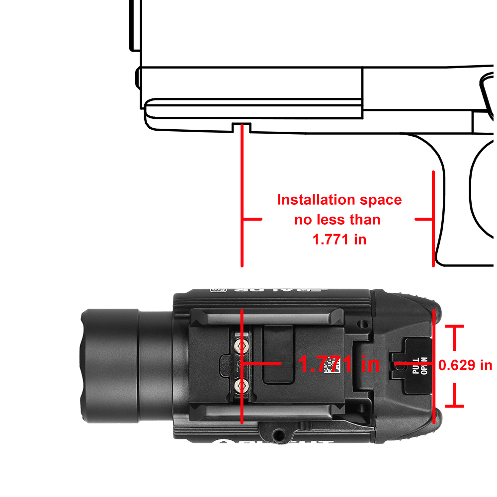 Weapon light installation diagram showing minimum 1.771 inch space requirement and 0.629 inch width, essential for firearm compatibility.