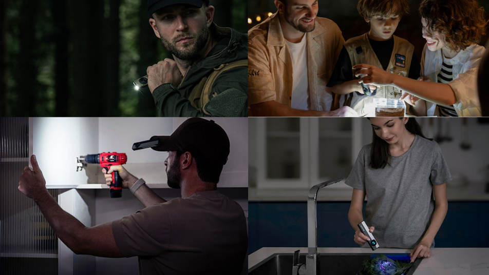 Versatile portable LED flashlight applications: outdoor camping, family nature exploration, hands-free DIY home repairs with a hat clip light, and UV light for kitchen sanitation and food safety inspection.