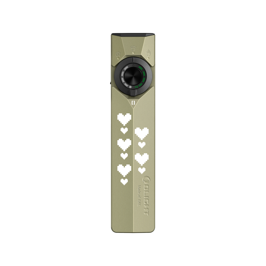 Olight Arkfeld flat EDC flashlight in olive green featuring pixel heart designs, multi-functional selector dial for UV and LED modes, and a slim portable design.