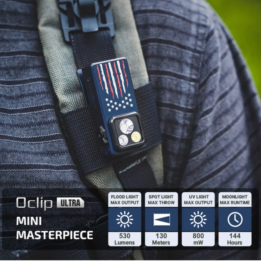 Oclip Ultra clip-on EDC flashlight with floodlight, spotlight, and UV modes for hands-free outdoor lighting