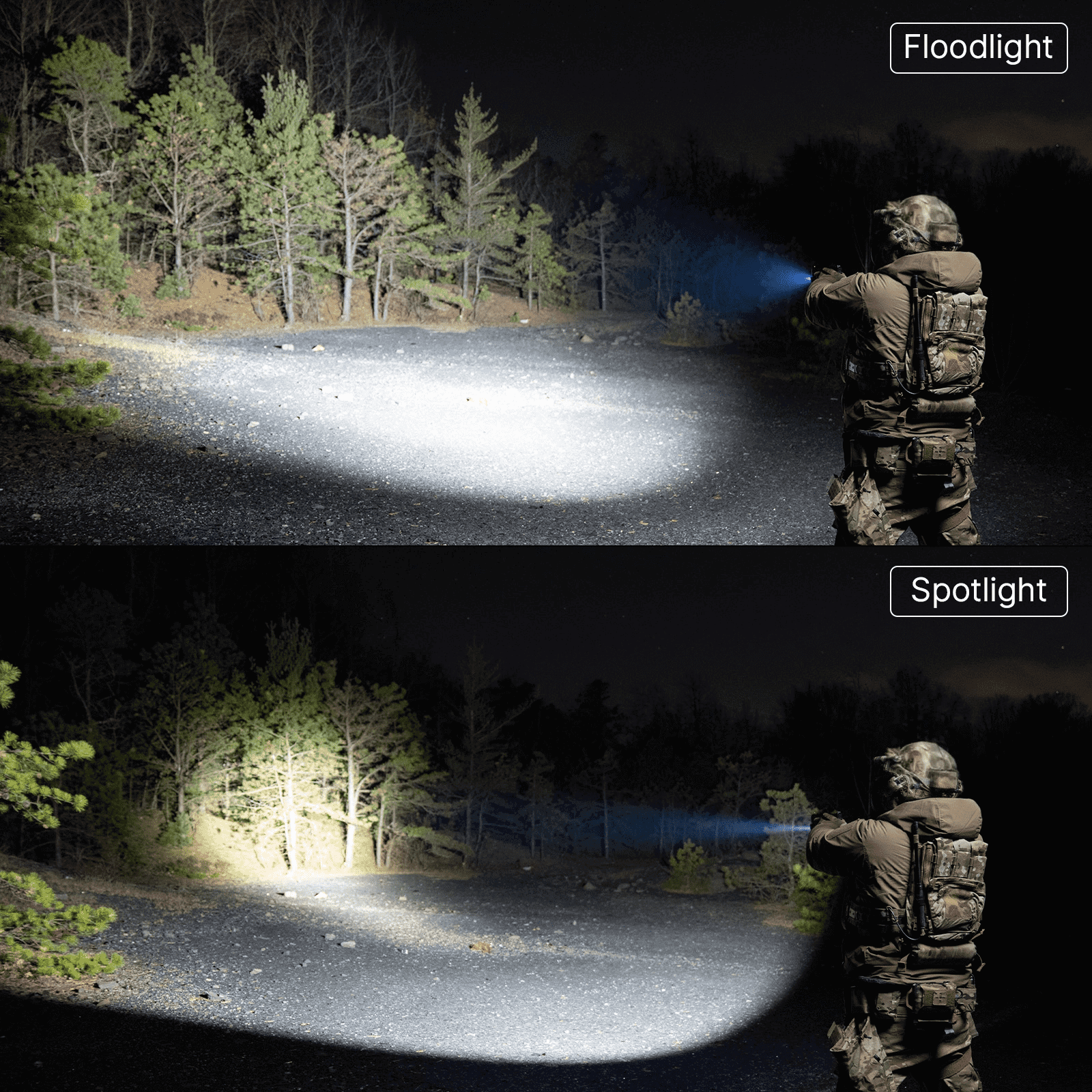 Tactical flashlight beam comparison showing Floodlight vs Spotlight modes in field testing